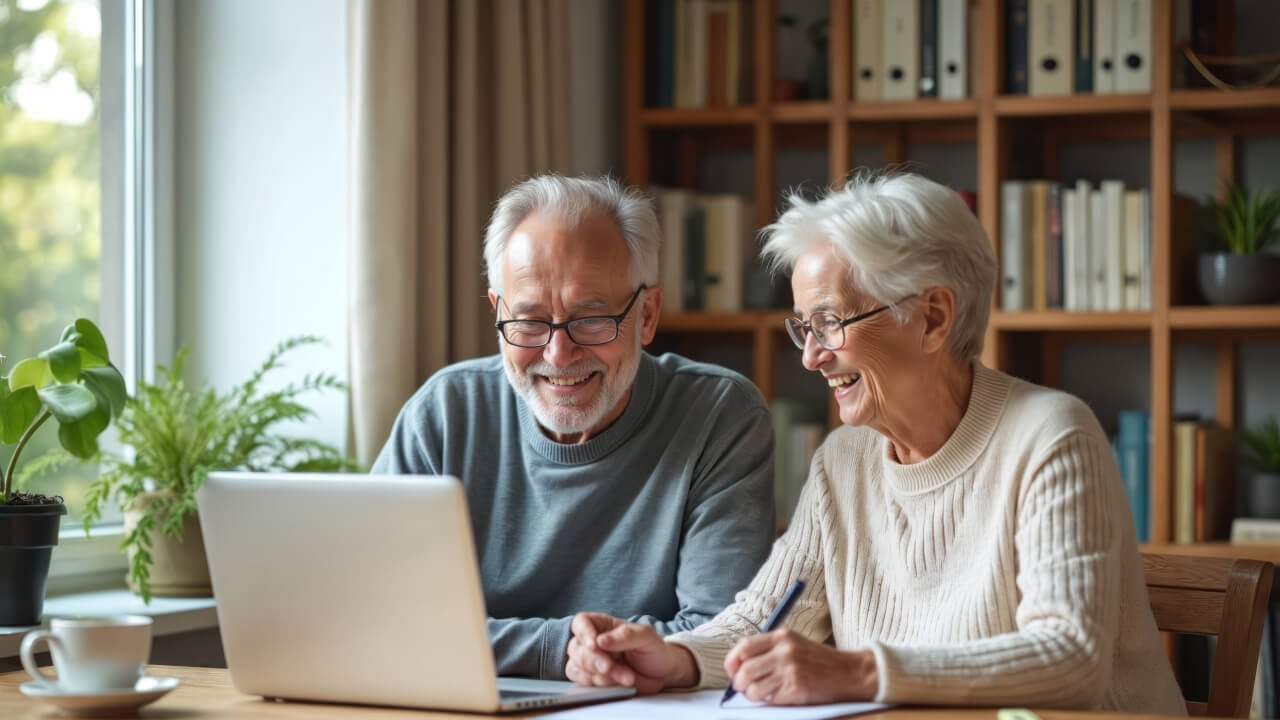 An elderly couple working on a laptop.